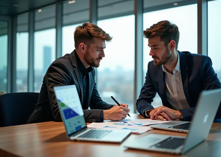 Предприниматель и разработчик обсуждают выбор между Bubble, Adalo и Glide за столом в современном офисе: на ноутбуках видны интерфейсы платформ, рядом заметки MVP и иконка AI.