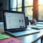 Офисный стол с ноутбуком и смартфоном, на экране интерфейс семантического поиска товаров с фильтрами и векторной графикой, символизирующий low‑code AI решение для e‑commerce