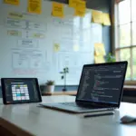 Рабочее место с ноутбуком, показывающим интерфейс Glide, планшетом с AI-чатом и диаграммой интеграции с облачными AI-сервисами