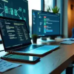 Ноутбук с открытым сценарием Make и панелью amoCRM, смартфон с AI-чатом на столе