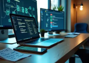 Ноутбук с открытым сценарием Make и панелью amoCRM, смартфон с AI-чатом на столе