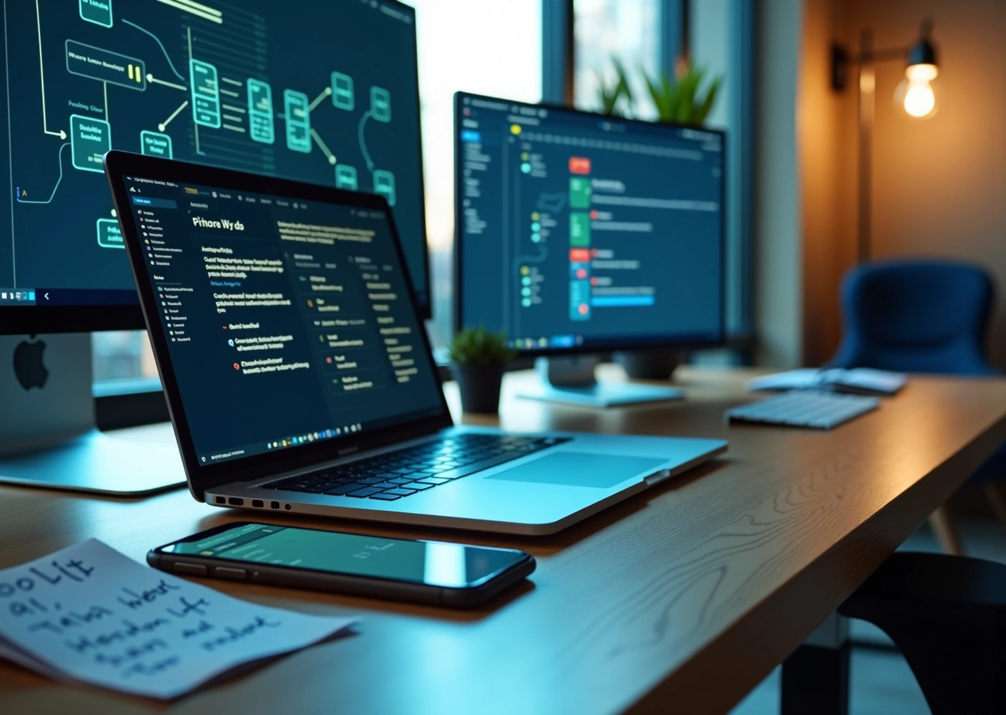 Ноутбук с открытым сценарием Make и панелью amoCRM, смартфон с AI-чатом на столе