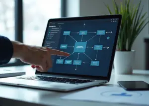 Ноутбук с визуальным редактором Low‑code, на экране цепочка промптов и блоки интеграции, рядом человек у рабочего стола с заметками