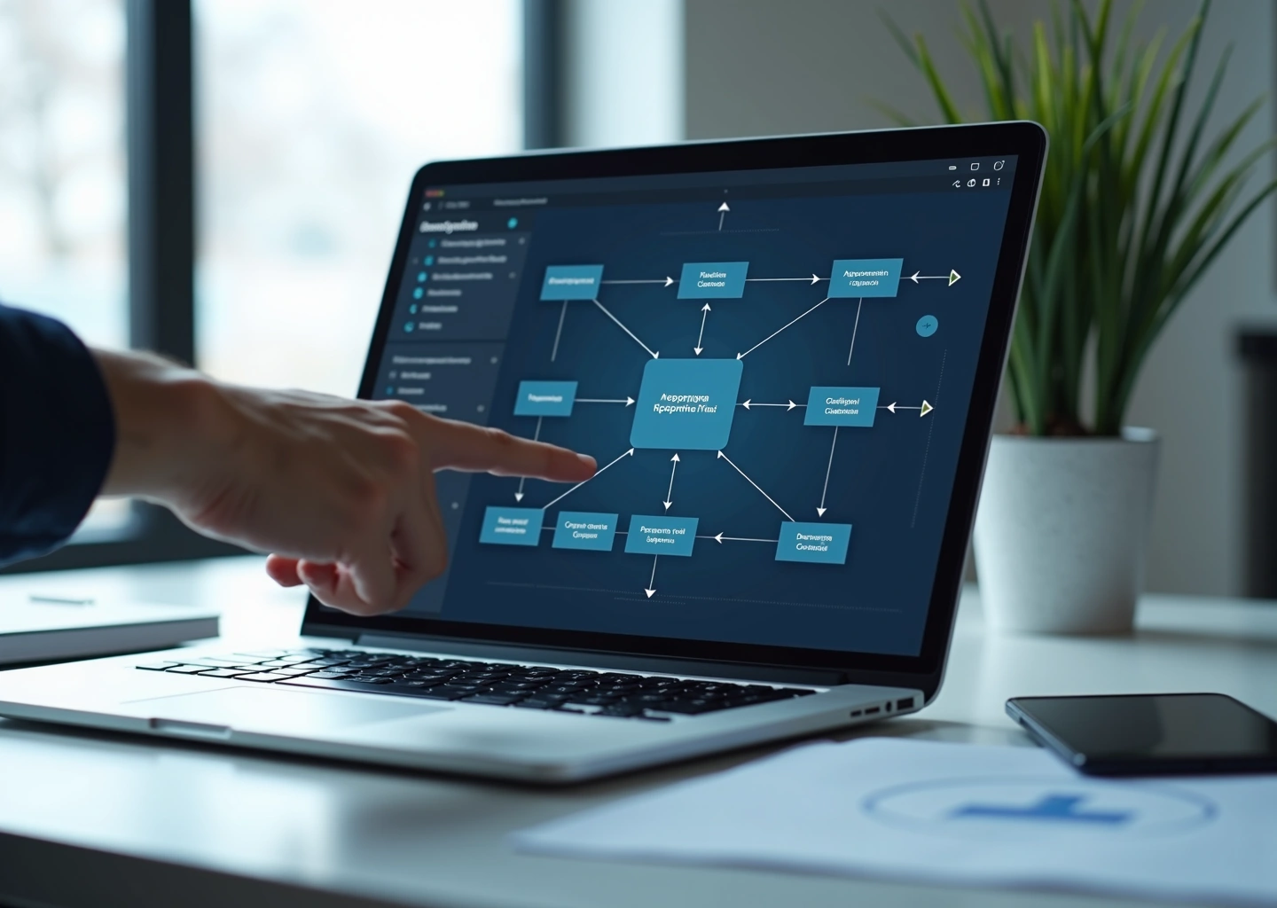 Ноутбук с визуальным редактором Low‑code, на экране цепочка промптов и блоки интеграции, рядом человек у рабочего стола с заметками