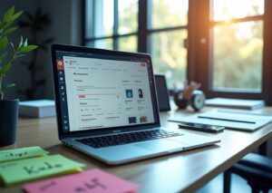 Офисный стол с ноутбуком и смартфоном, на экране интерфейс семантического поиска товаров с фильтрами и векторной графикой, символизирующий low‑code AI решение для e‑commerce