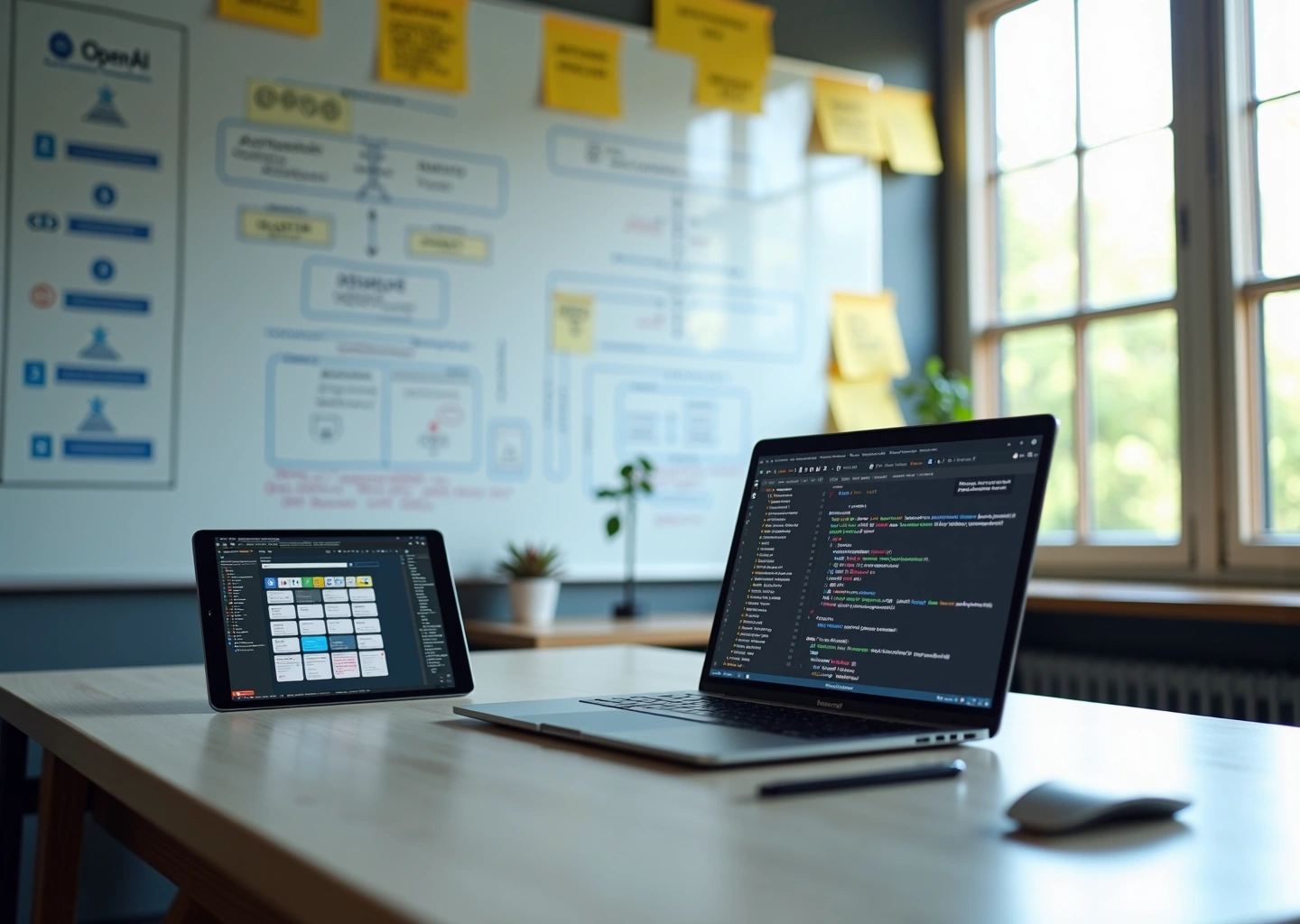 Рабочее место с ноутбуком, показывающим интерфейс Glide, планшетом с AI-чатом и диаграммой интеграции с облачными AI-сервисами